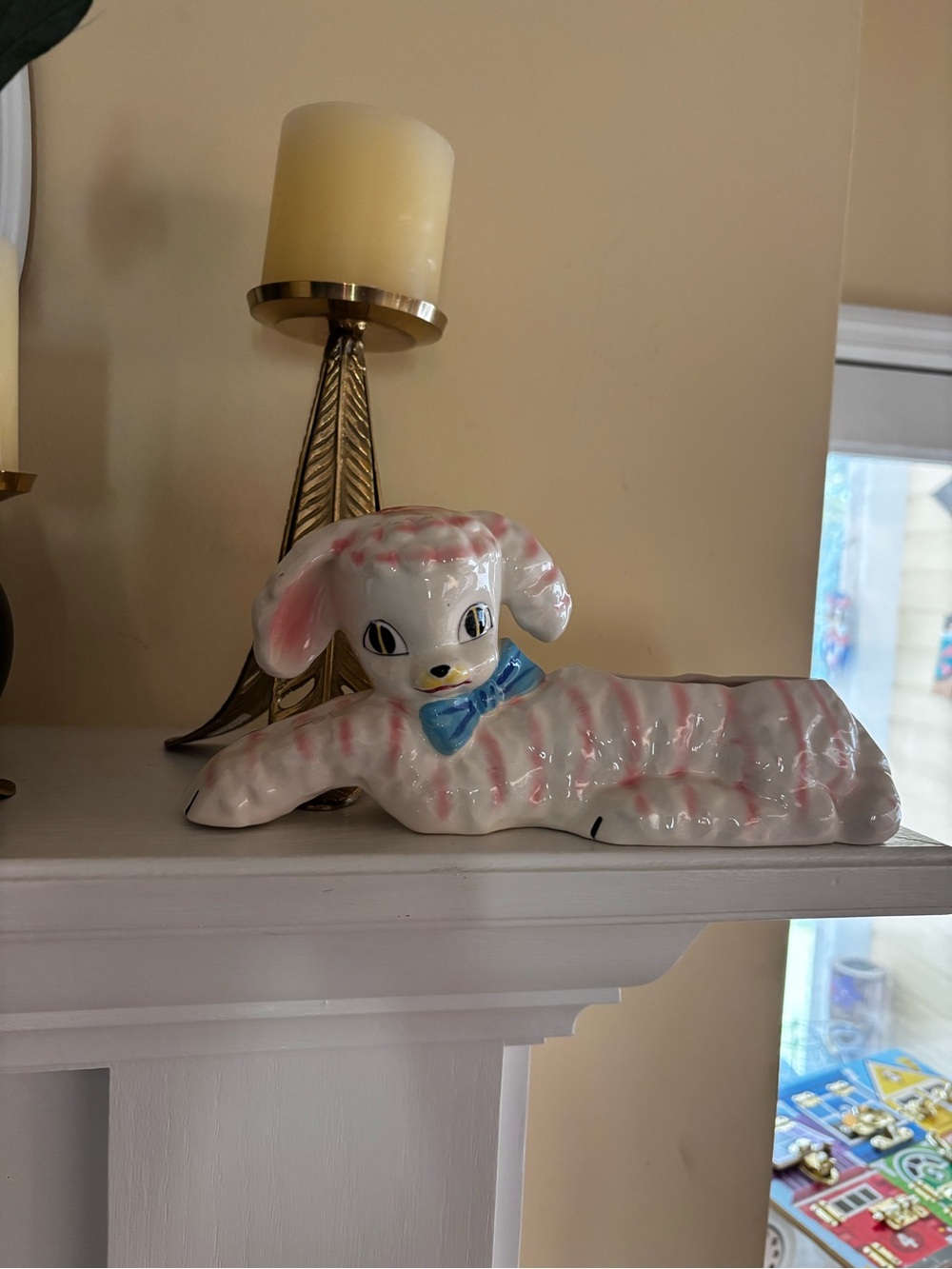 Vintage Ceramic Lamb Planter with Blue Bow
